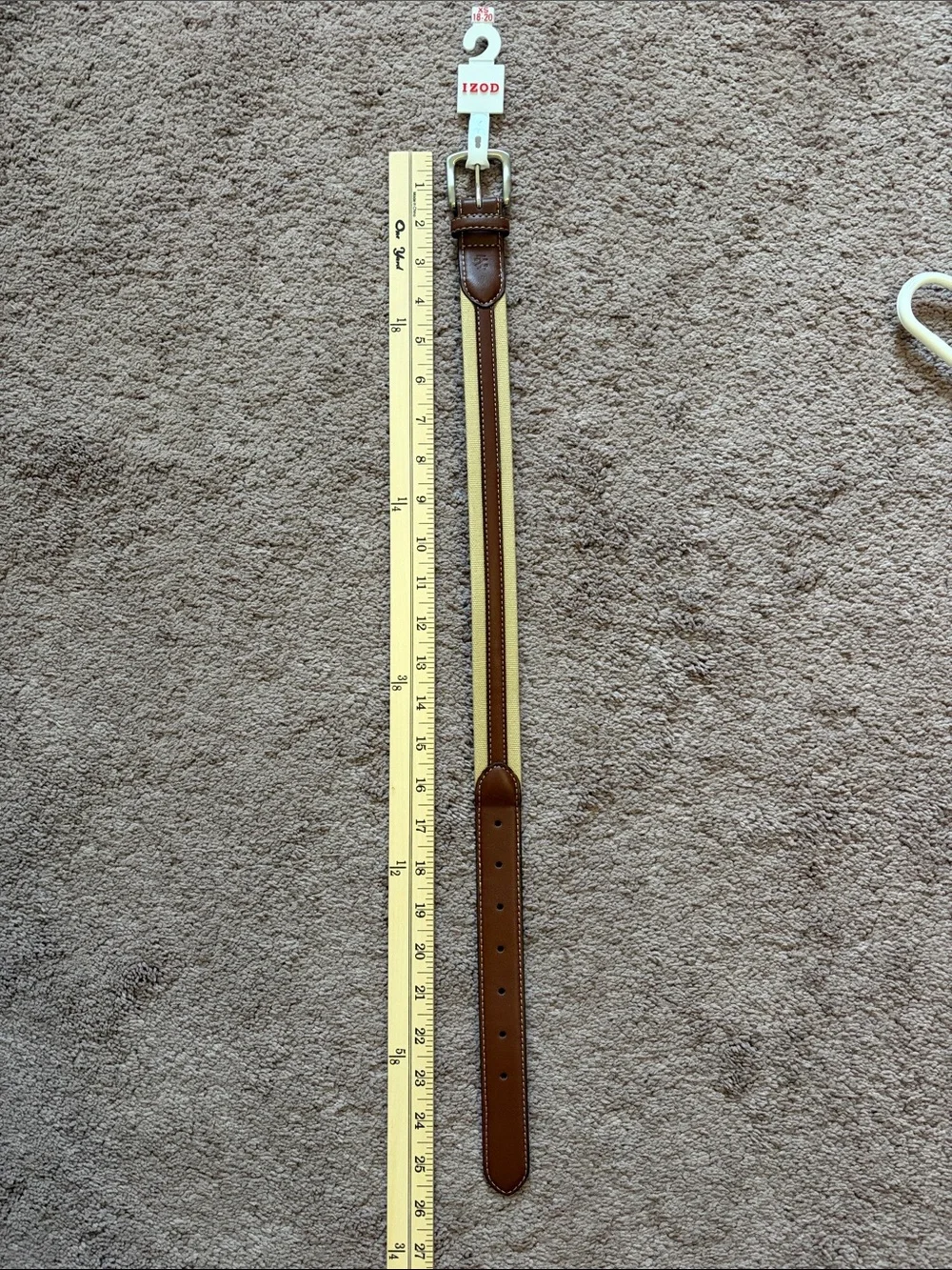 Izod Brown Leather Belt with Yellow and Cream Striped Webbing